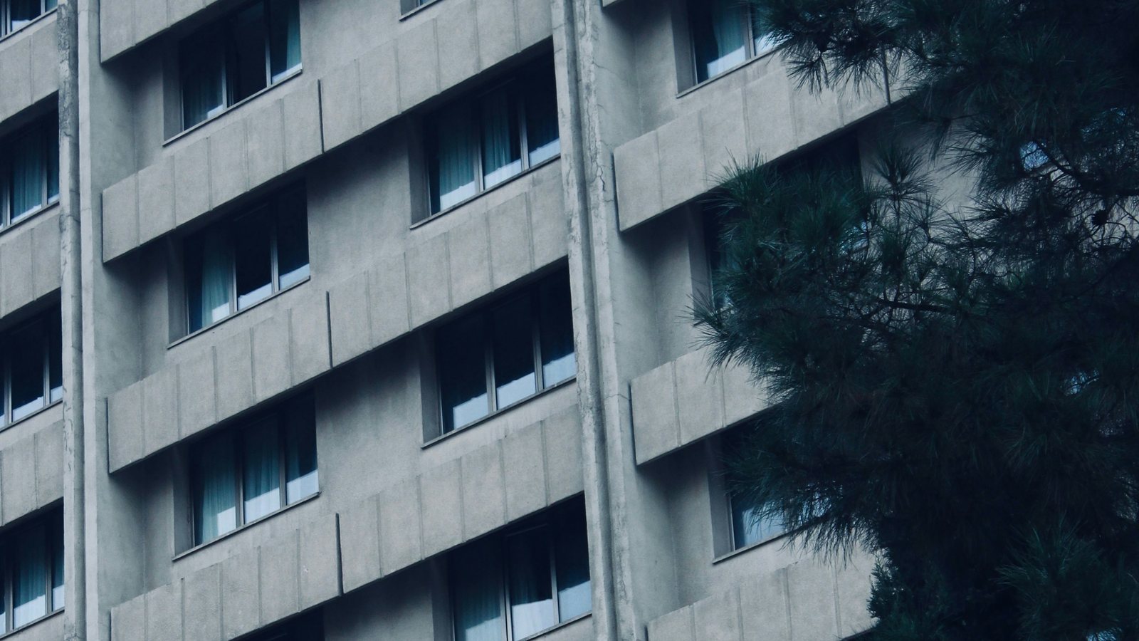 Fachada de edifício residencial alto de concreto, com fileiras de janelas e copas de árvores à frente