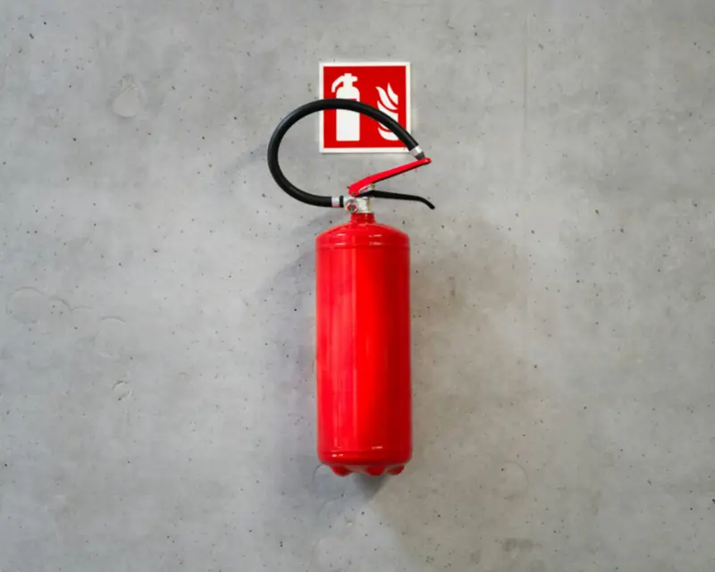 Extintor de incêndio vermelho fixado em parede de concreto, abaixo da placa de sinalização do equipamento